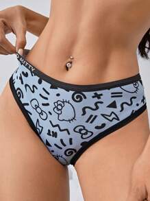 HELLO KITTY AND FRIENDS | SHEIN 女士卡通字母印花舒適三角褲 - 黑與白 - 查看 4