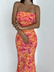 Firerie Váy nghỉ mát thanh lịch đi biển lãng mạn hở lưng có dây in hoa - trái cam - Xem 7