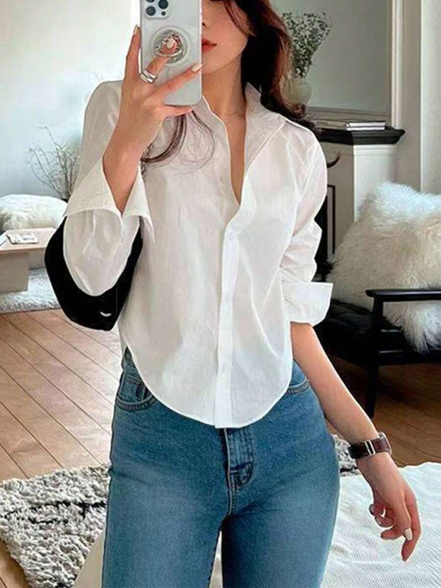 INAWLY 女式纯色简约长袖衬衫 - 白色 - 查看 1