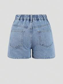 SHEIN Explorewe Quần short denim ống rộng 5 túi, thiết yếu quanh năm, thời trang denim đa năng, phong cách học thuật, mặc đi chơi, dạo phố hiện đại, mặc đi nghỉ dưỡng, thường ngày, giặt bằng enzyme, màu Dopamine, họa tiết hoa - Rửa nhẹ - Xem 2