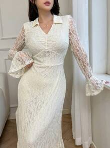 Modelyn 女士纯色撞色蕾丝长款晚礼服 - 杏色 - 查看 1