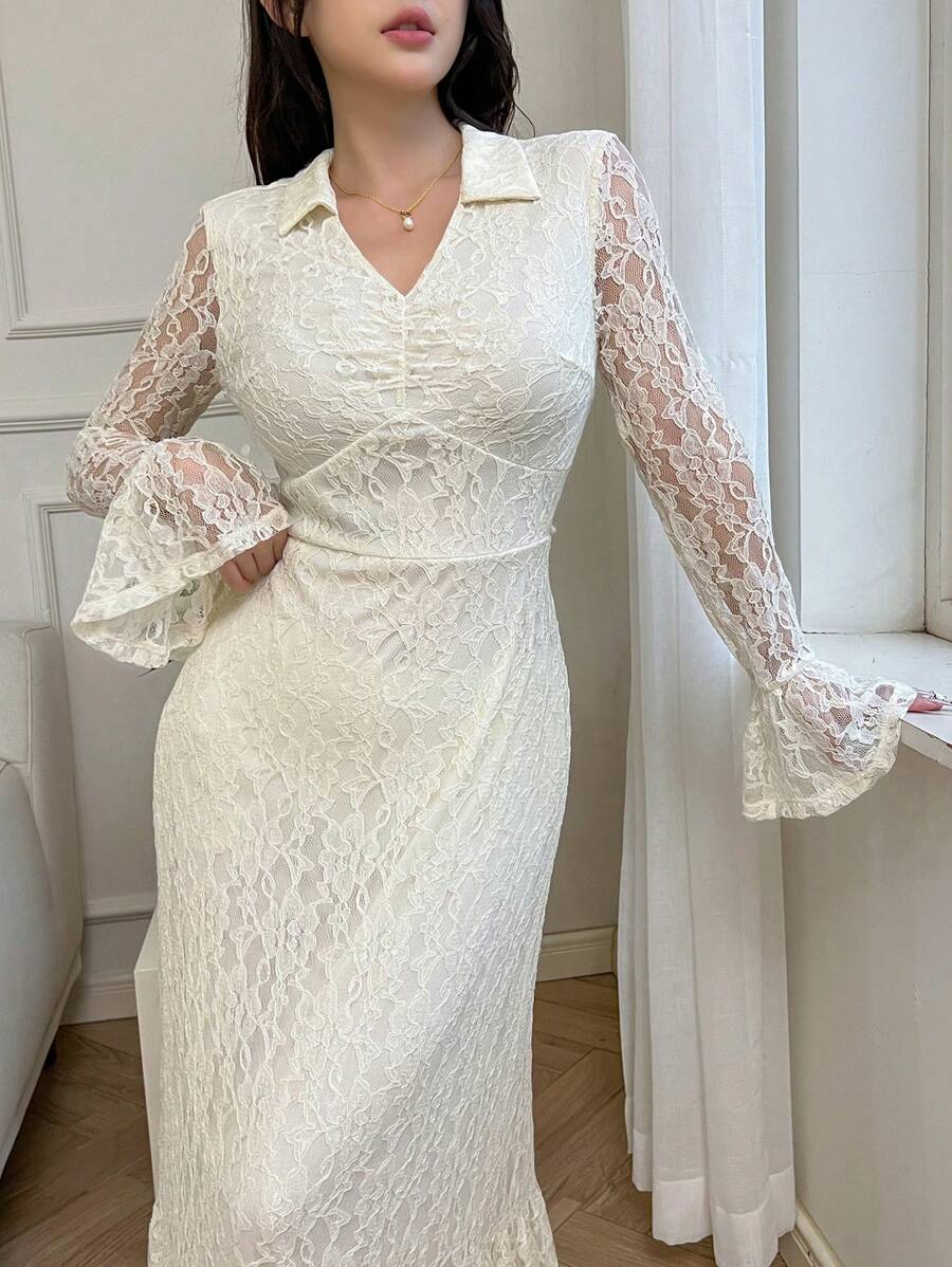 Modelyn 女士纯色撞色蕾丝长款晚礼服 - 杏色 - 查看 1