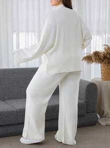 EURMUSE Plus Size Women Sweater With Pearl Detailed And Knit Pant, For Winter - White - View 2