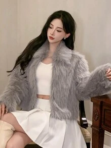 DAZY Abrigo acolchado corto y regular con cuello esponjoso, elegante y cálido para mujer, chaqueta de invierno para mujer, ropa de mujer de otoño