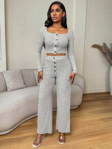 VaVaBold 2 Cái/bộ Bộ Quần Cổ Vuông Phối Nút Phía Trước Áo Và Quần, Mùa Xuân, Mùa Thu - Xám - Xem 4