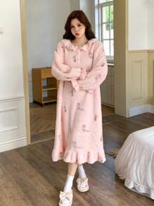 DAZY Flannel Sweet Pattern Allover Print Ruffle Hem Thick Nightgown Pajama,Thermal Lined Fall,Winter - Pink - View 3