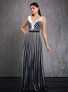 Mgiacy Women's Spaghetti Strap Ruffle Collar Striped Mesh High-End Evening Dress Party Dress Wedding Guest Dress Prom Dress