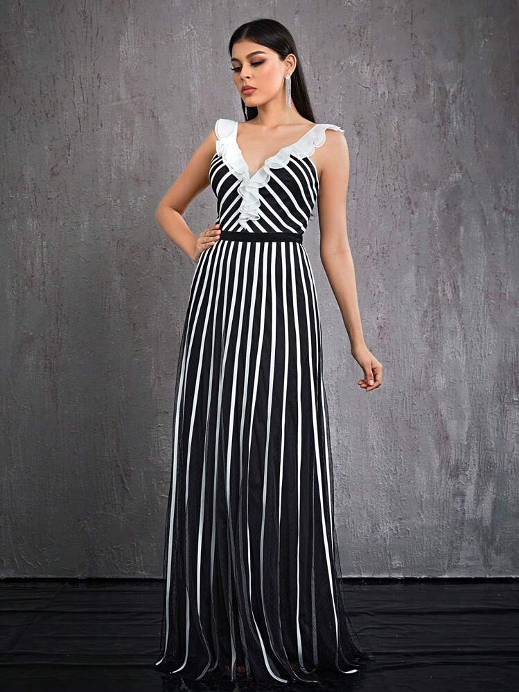 Mgiacy Women's Spaghetti Strap Ruffle Collar Striped Mesh High-End Evening Dress Party Dress Wedding Guest Dress Prom Dress - Black and White - View 3