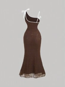SHEIN MOD Asymmetric Shoulder Straps,  Bow Accent, Ruched Fishtail Hem Summer Dress For Women
