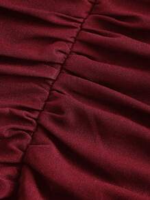 SHEIN MOD 黑色约会之夜 侧交叉系带纯色褶饰长裙 - 酒紅色 - 查看 5