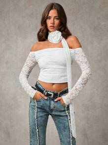 SHEIN BAE Áo ren trang trí hoa chắp vá màu trơn dành cho nữ - trắng - Xem 2