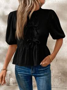 SHEIN Clasi Women's Summer Tie Front Cropped Blouse With Ruffle Hem And Puff Sleeves, Peter Pan Collar,Long Sleeve Tops