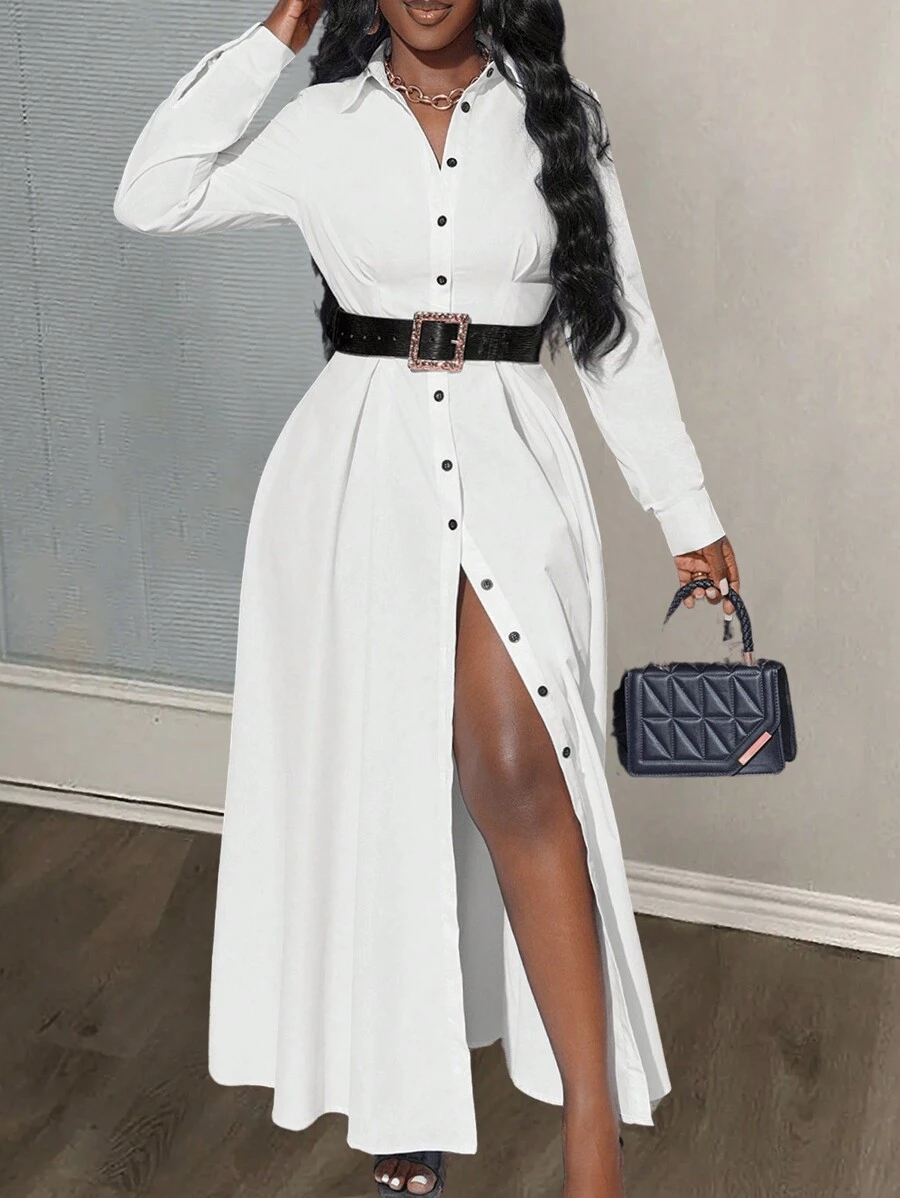 Slaydiva 新款夏季休闲优雅度假连衣裙，宽松长袖衬衫裙，时尚复古纯色办公室性感开衩派对连衣裙，女士 - 白色 - 查看 1