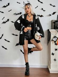 Chiquease Halloween Women's Cute Ghost Pattern Cardigal With V-Neckline Fall Winter Cloth For Women - Black and White - View 6
