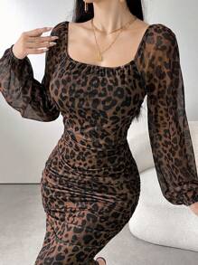 Modelyn 女式圆领长袖豹纹褶饰优雅网眼休闲连衣裙长款女式长款晚礼服 - 黑色 - 查看 8