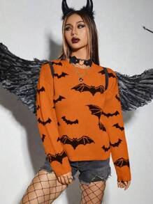 PUNK Women Funny Bat Pattern Crew Neck Long Sleeve Sweater, Halloween, Knit Pullover Fall Winter - Multicolor - View 6