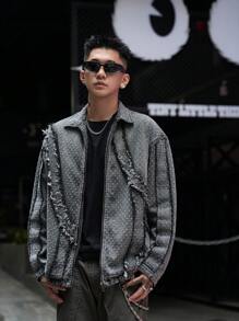 Manfinity Roghcode Men's Frayed Edge Zip-Up Long Sleeve Denim Shirt - Dark Grey - View 4