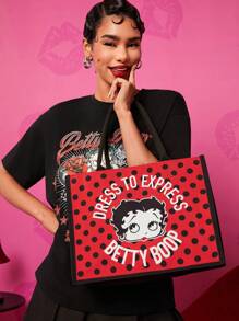 Betty Boop x SHEIN 1个卡通人物波点印花手提袋，适合作为礼物、送给爱人、作为礼品创意、用于派对、节日、情人节 - 紅色 - 查看 1