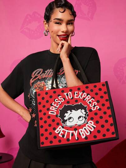 Betty Boop x SHEIN 1个卡通人物波点印花手提袋，适合作为礼物、送给爱人、作为礼品创意、用于派对、节日、情人节