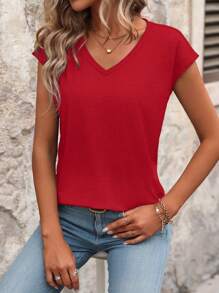 EMERY ROSE Áo thun nữ tay ngắn cổ chữ V trơn đơn giản, trang phục mùa hè cho năm mới - Đỏ - Xem 6