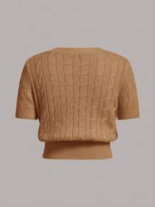 SHEIN EZwear Cartoon Patched Detail Cable Knit Round Neck Short Sleeve Summer Top - Khaki - View 2