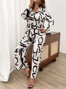 Calvaya Plus Size Geometric Print Camisole, Shirt & 3st Set - Svart och Vitt - Visa 4