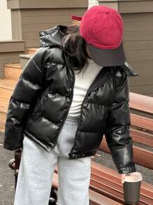 Dazy Kids Abrigo acolchado de unicolor para niñas, chaqueta de cuero para ropa de otoño de niña preadolescente - Negro - Ver 1