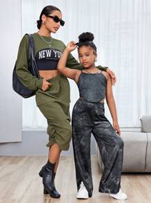 2pcs Tween Girl's Washed Effect Camisole And Wide-Leg Pants Set - Black - View 10