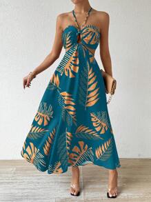 Breezaya Tropical Leaf Print Vacation Beach Dress