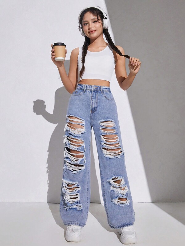 SHEIN Teenager-Mädchen Y2K Frühling Sommer Boho Stonewashed Ripped Boyfriend Baggy Denim Weites Bein Lange Jeans, Mädchen Sommerkleidung Konzert Outfits