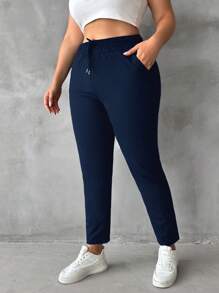 EURMUSE Plus Size Drawstring Cargo Pants - Navy Blue - View 1