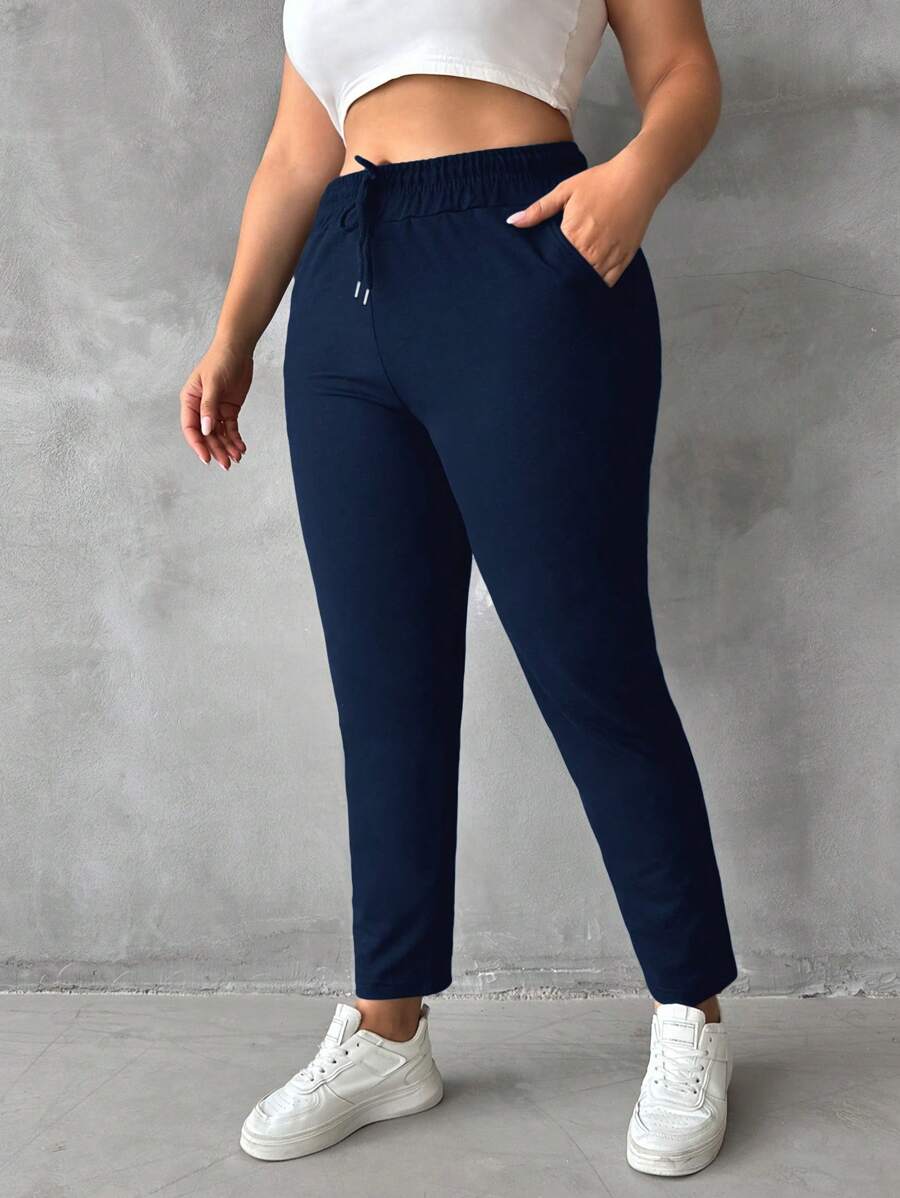 EURMUSE Plus Size Drawstring Cargo Pants - Navy Blue - View 1