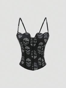 Sweetra Phụ nữ Skeleton Head & Leopard Heart Bust In Spaghetti Strap Yếm - màu đen - Xem 1