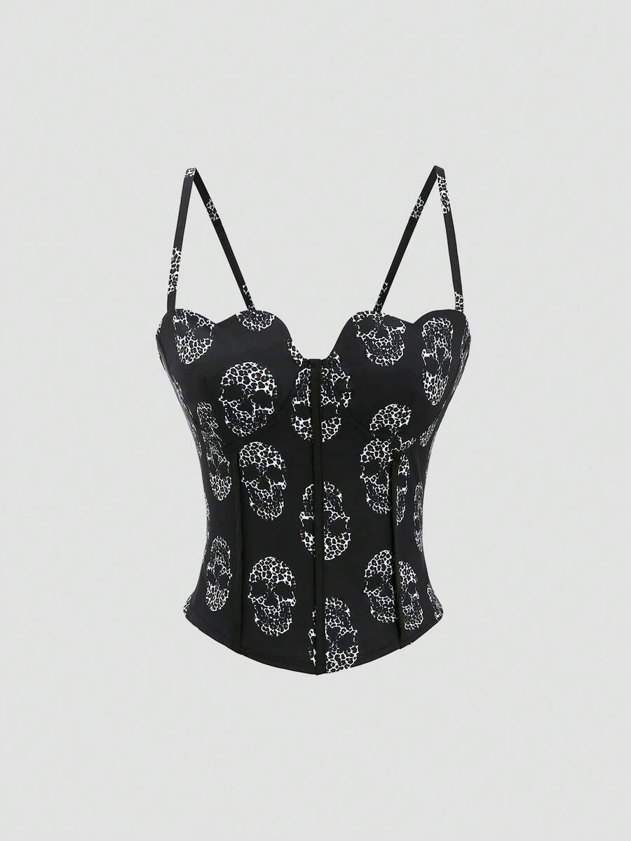 Sweetra Phụ nữ Skeleton Head & Leopard Heart Bust In Spaghetti Strap Yếm - màu đen - Xem 1