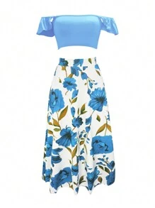 INAWLY Set 2 Potong Blus Tanpa Lengan dan Rok Belahan Bawah Motif Bunga untuk Wanita - Biru - View 3
