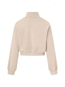 SHEIN Áo nỉ ngắn tay cổ đứng màu trơn dáng rộng dành cho nữ, kiểu dáng thường ngày, có khóa kéo nửa thân, thích hợp cho lễ tốt nghiệp, giáo viên, hoặc mặc đi học vào mùa thu. - Màu Khaki - Xem 2