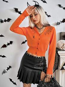 Chiquease Women's Spider Web Pattern V-Neck Cardigan, For Halloween Fall Cloth For Women - Orange - View 4