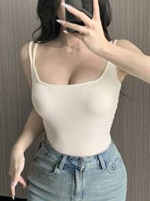 DAZY Women's Solid Color Thermal Lined Tank Top For Autumn/Winter Preppy Tops,Thermal Lined - White - View 8