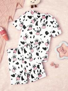 2 piezas Conjunto de pijama con pantalón corto y manga corta con estampado de vaca ajustado para niña joven