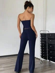 SHEIN EZwear 2 piezas Conjunto: Top de bandeau fruncido con bajo asimétrico y pantalones acampanados - Azul Marino - Ver 3