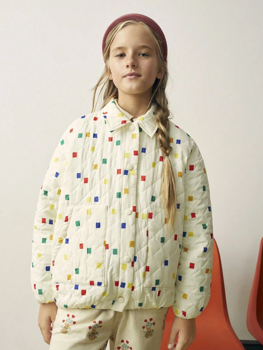 SHEIN Tween Girls Casual Quilted Padded Coat With Plaid & Houndstooth Patterns, Suitable For Fall/Winter - Beige - View 1