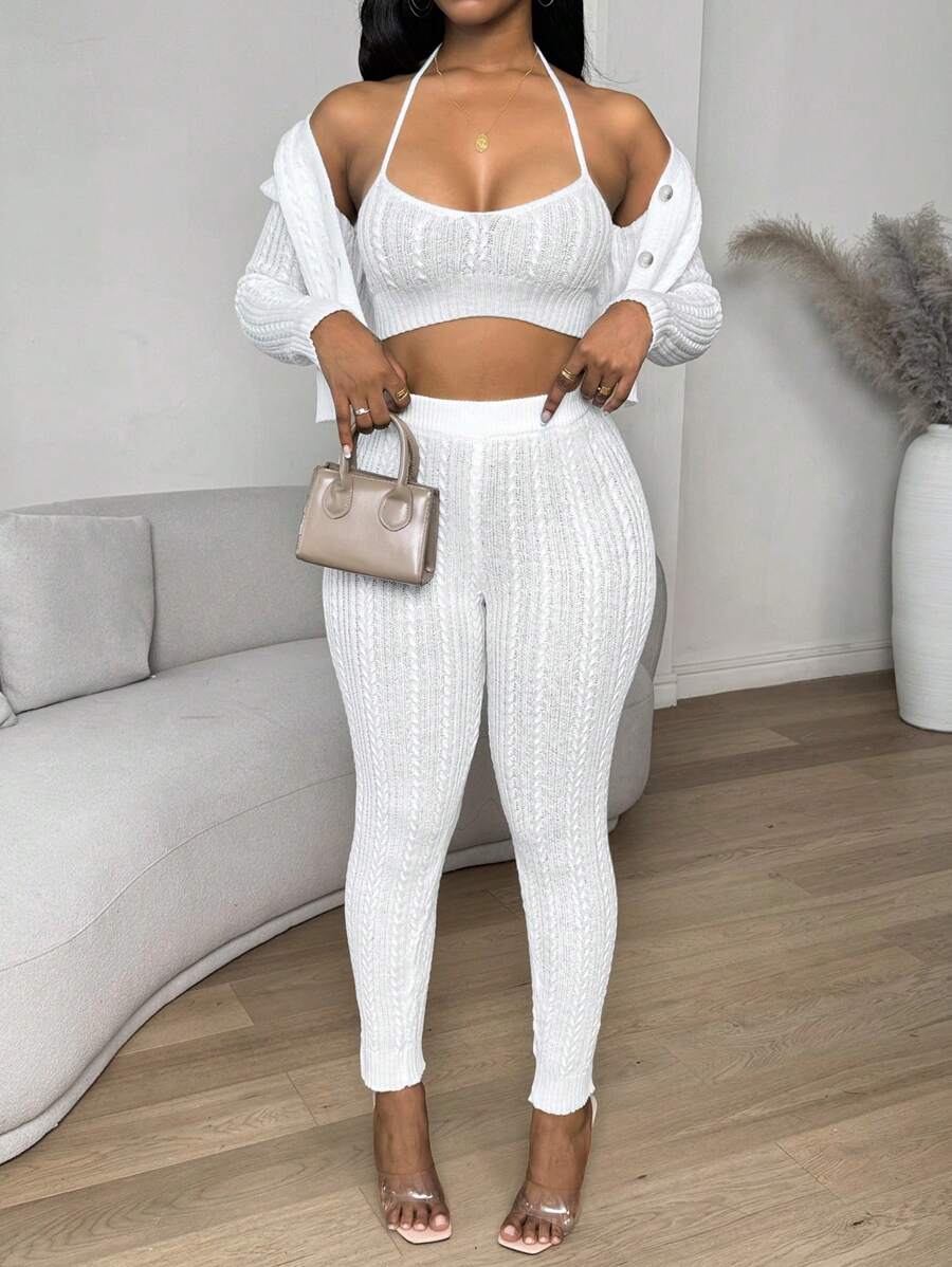 Zolique 3 Cái/bộ Mới Trắng Gợi Cảm Trang Bị Áo Cardigan Áo Tank Top Và Dây Xoắn Quần Nữ Áo Len Dệt Kim Phù Hợp Với - trắng - Xem 1
