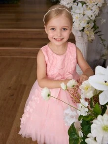 SHEIN Glamorique Kids Sukienka Tutu dla Dziewczynki z Kwiatami na Boże Narodzenie, 3-warstwowa bufiasta koronkowa błyszcząca sukienka księżniczki z kokardą, formalna suknia na przyjęcie weselne dla małych dziewczynek