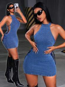 SHEIN ICON Vestido midi de verano de mujer en denim con tirantes de espagueti y ajuste ajustado con atar a los lados