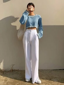 DAZY Suéter corto de mujer con bloques de color y parches, ropa de otoño - Celeste - Ver 3
