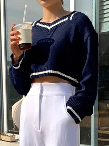 DAZY Women's Color Block Patchwork Cropped Preppy Style Sweater,Long Sleeve Tops Fall - Navy Blue - View 4