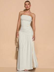 SHEIN BAE 女式长下摆不对称褶皱高开衩杏色抹胸连衣裙，适合秋冬季，适合打底、浪漫约会、派对、伴娘、迷你鸡尾酒会礼服、外出