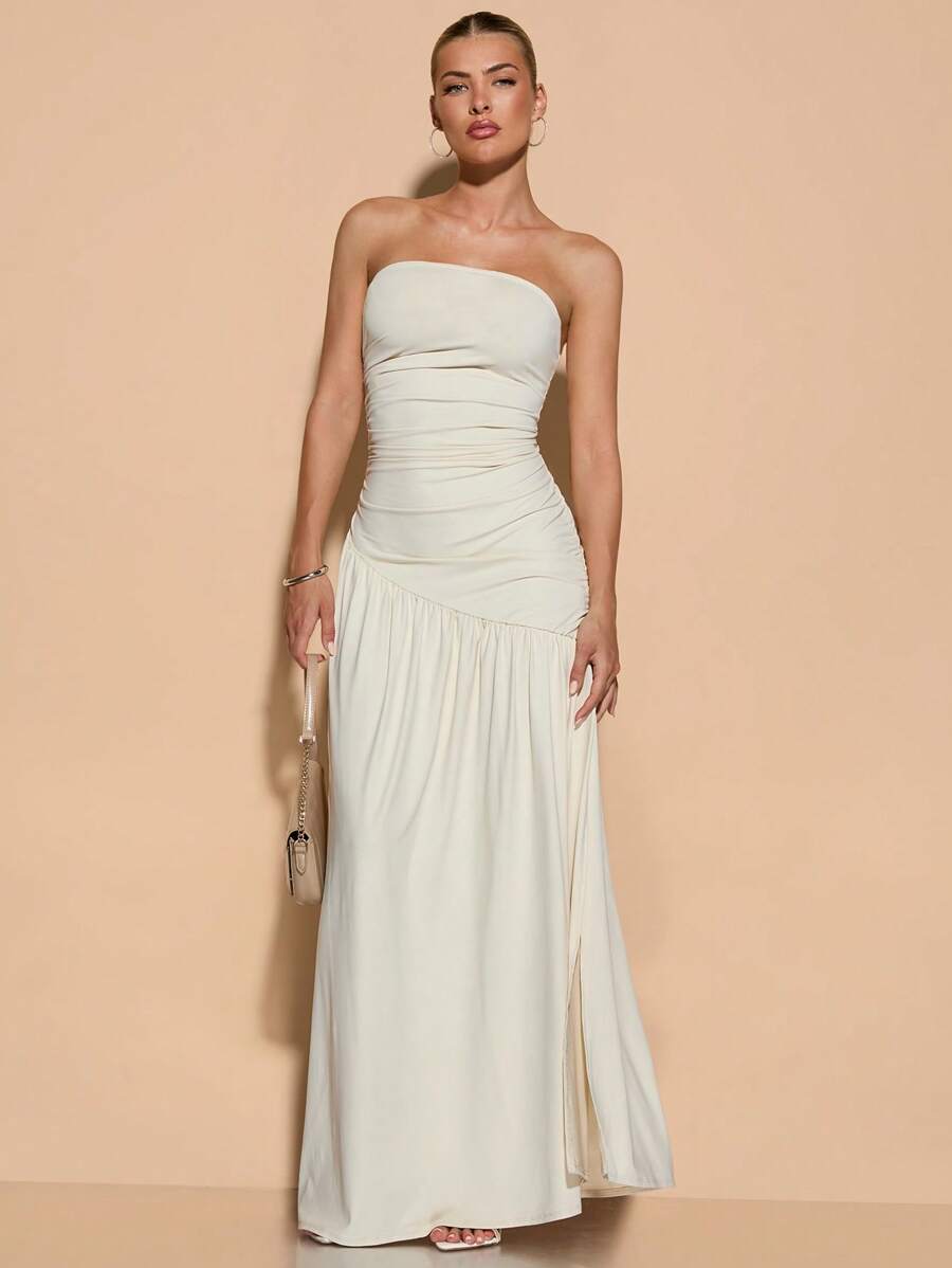 SHEIN BAE 女式长下摆不对称褶皱高开衩杏色抹胸连衣裙，适合秋冬季，适合打底、浪漫约会、派对、伴娘、迷你鸡尾酒会礼服、外出