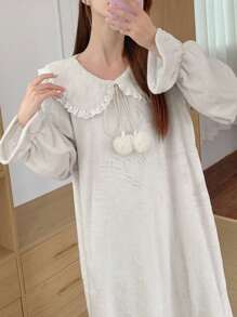 DAZY 加厚法兰绒蕾丝翻领甜美睡裙，蓬松保暖，适合秋冬季节，舒适温暖，宽松睡衣 - 米色 - 查看 5