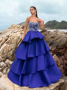 Faeriesty 花卉亮片紧身胸衣拼接多层缎面下摆正式舞会礼服 - 寶藍色 - 查看 2